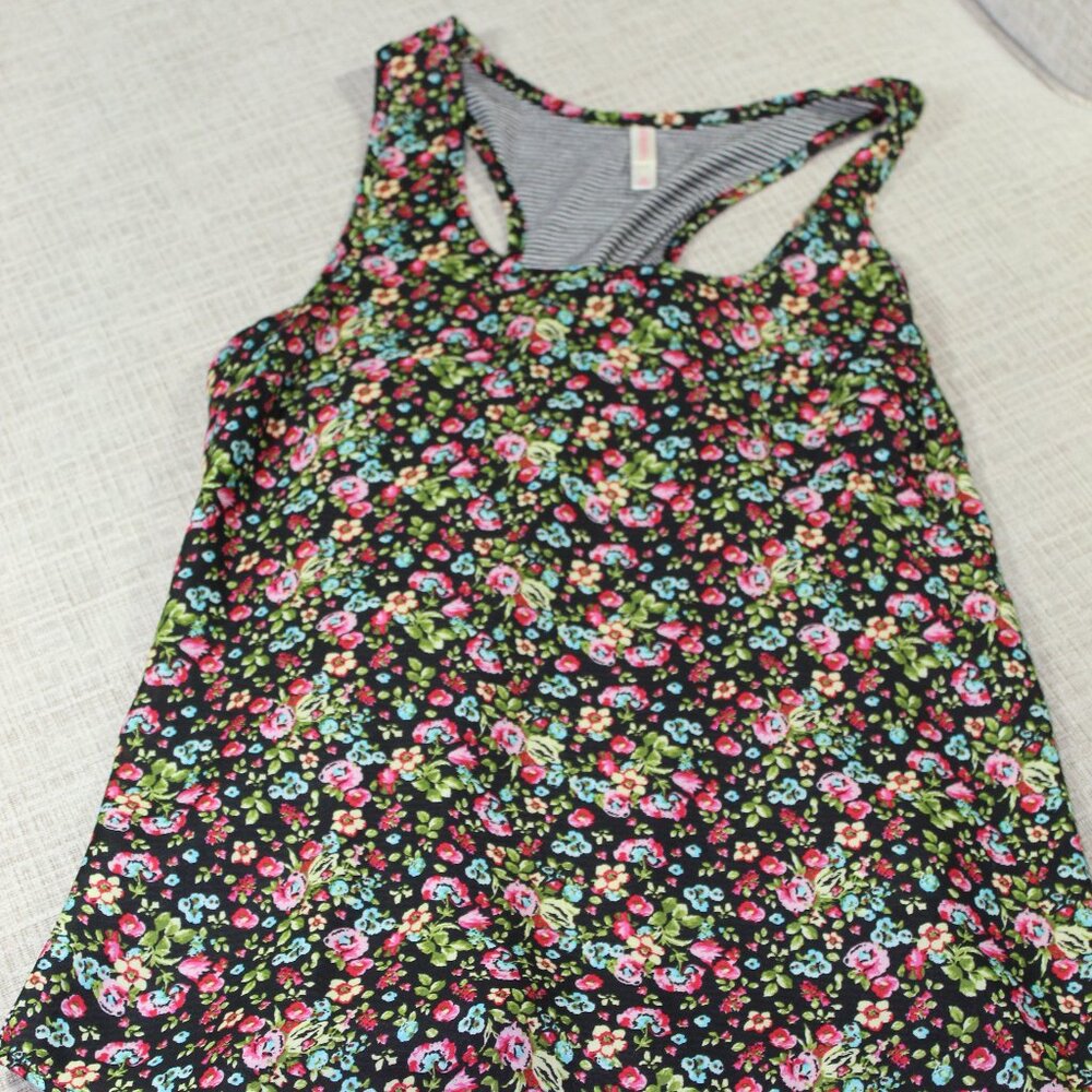 Xhilaration Navy Blue Floral and Striped Tank Top
